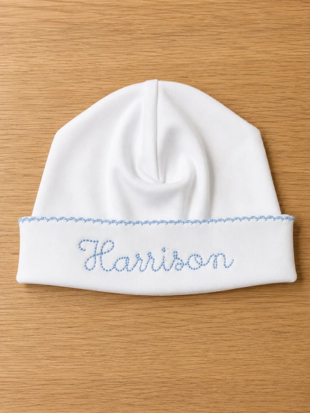 Personalized White Baby Hat with Light Blue Embroidery Harrison
